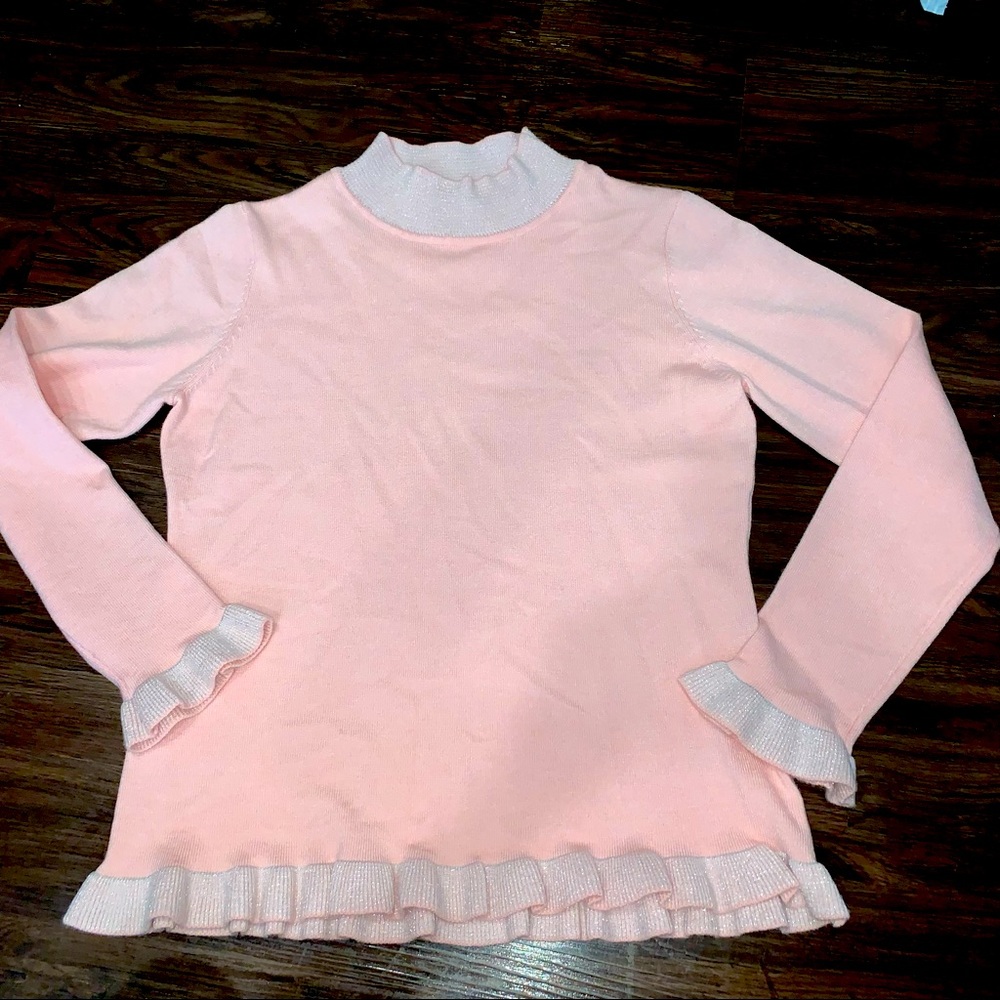 Nanette Lepore pink silver shimmer turtleneck with ruffle sleeves and hem